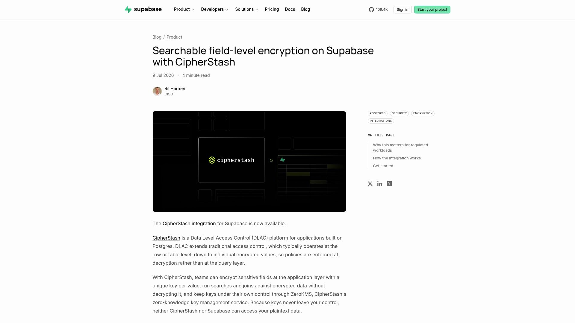 Screenshot of supabase.com: Searchable field-level encryption on Supabase with CipherStash