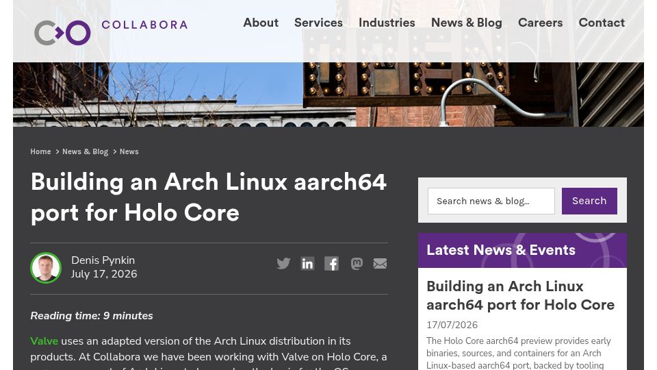 Screenshot of collabora.com: Building an Arch Linux Aarch64 Port for Holo Core