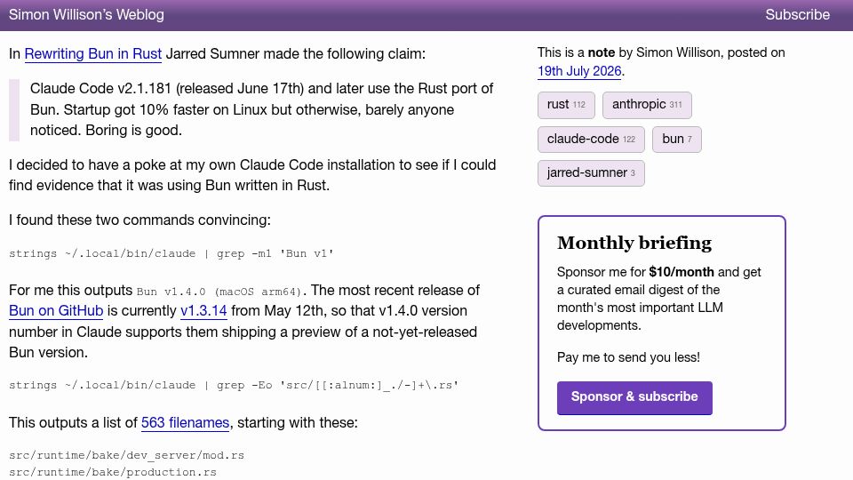 Screenshot of simonwillison.net: Claude Code uses Bun written in Rust now