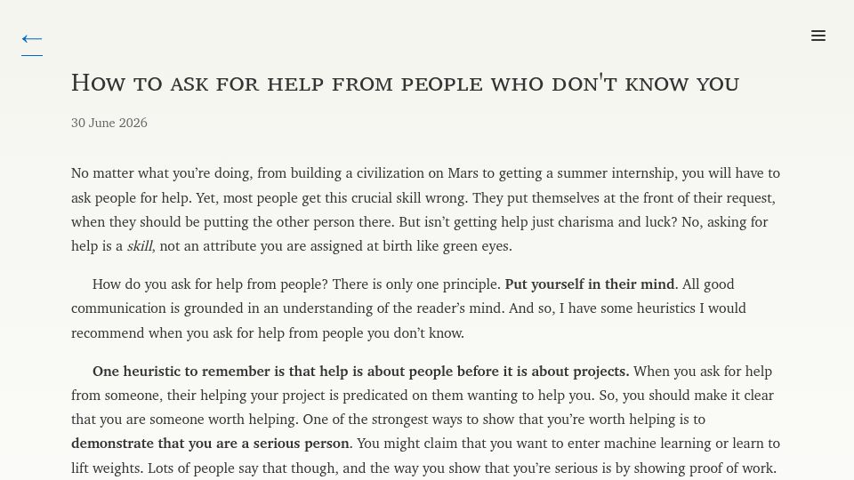 Screenshot of pradyuprasad.com: How to ask for help from people who don't know you