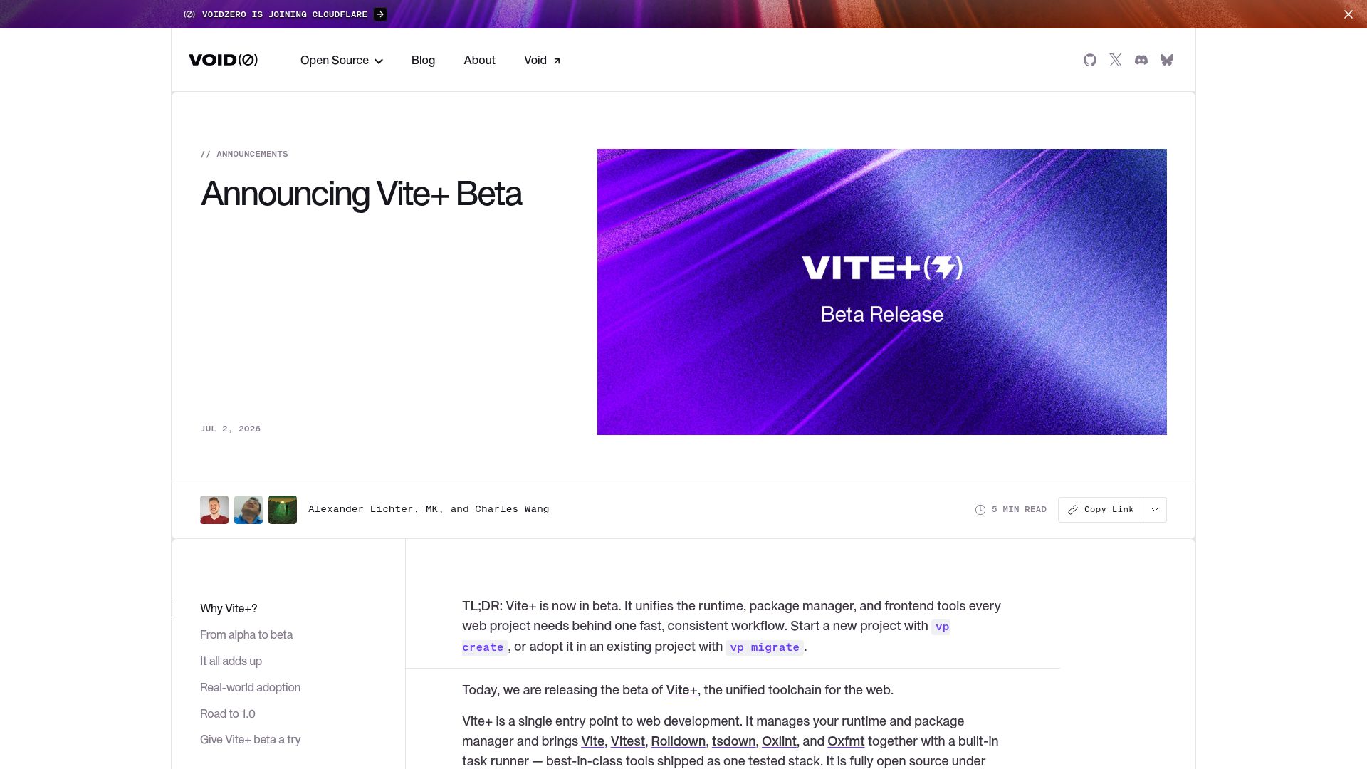 Screenshot of voidzero.dev: Vite+ Beta