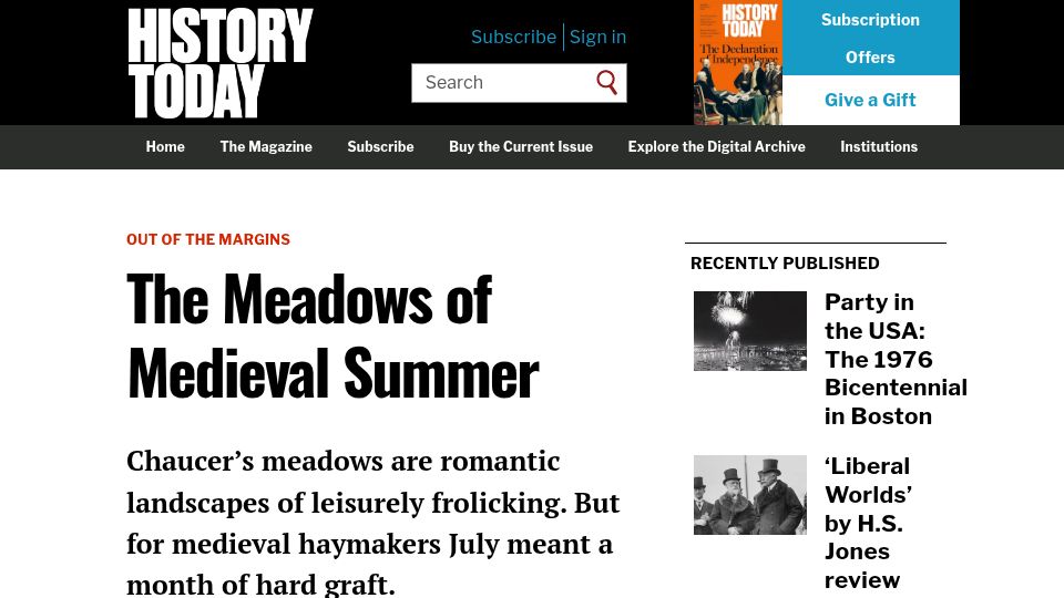 Screenshot of historytoday.com: The Meadows of Medieval Summer