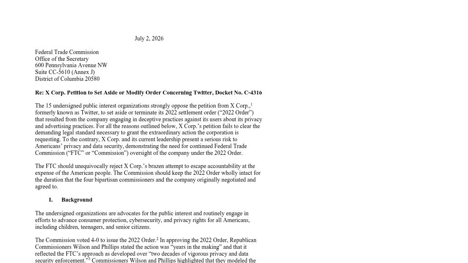 Screenshot of eff.org: EFF letter to FTC on X consent order [pdf]