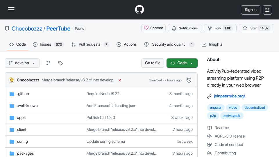 Screenshot of github.com: PeerTube is a free, decentralized and federated video platform
