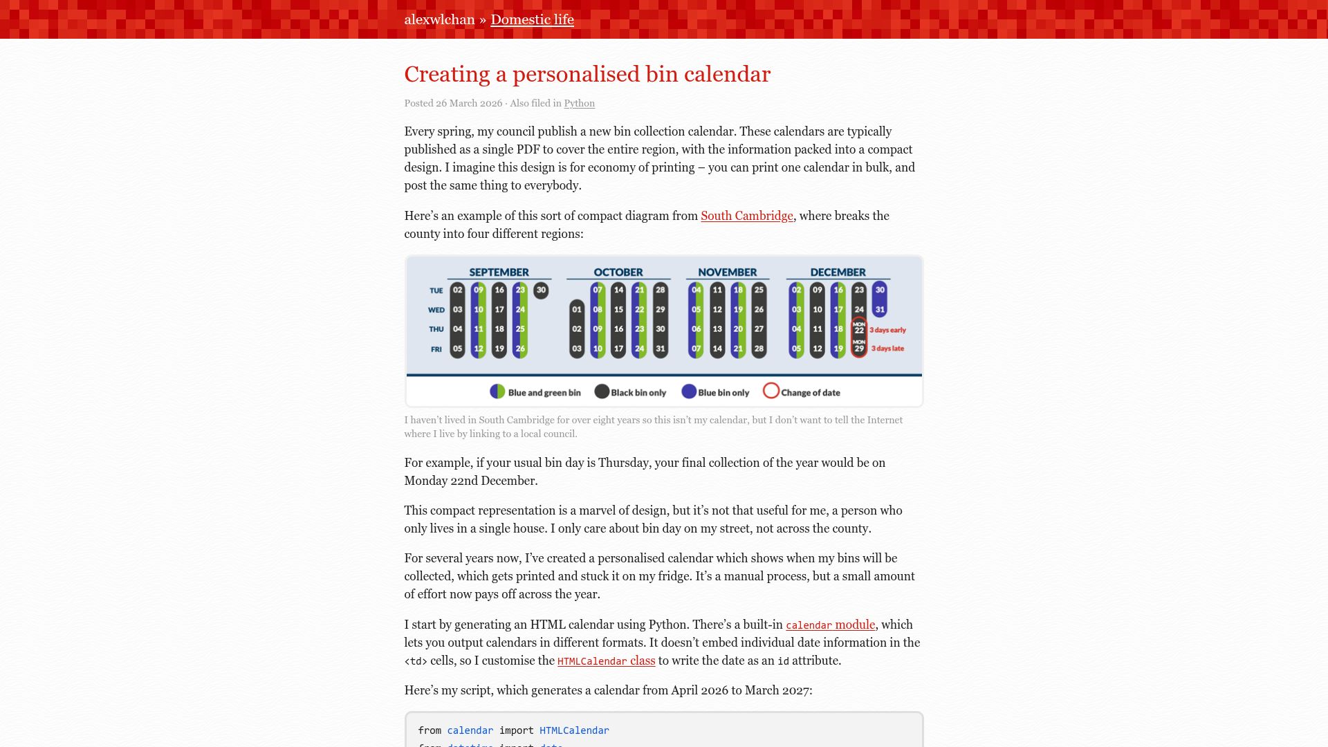 Screenshot of alexwlchan.net: Creating a Personalised Bin Calendar