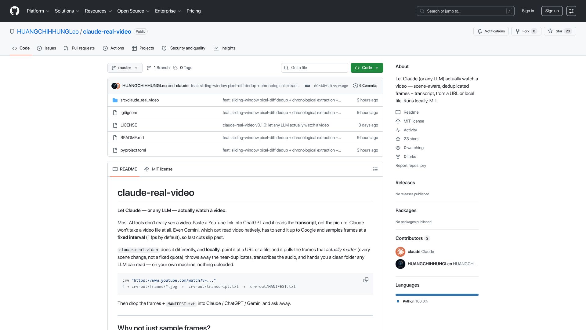Screenshot of github.com: Claude-real-video - any LLM can watch a video