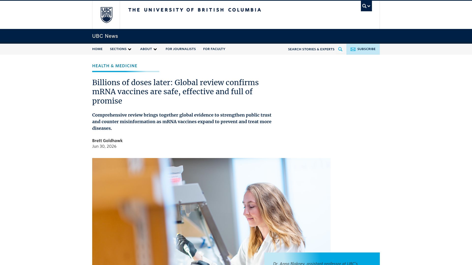Screenshot of news.ubc.ca: Global review confirms mRNA vaccines are safe, effective and full of promise