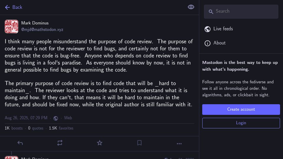 Screenshot of mathstodon.xyz: The primary purpose of code review is to find code that will be hard to maintain