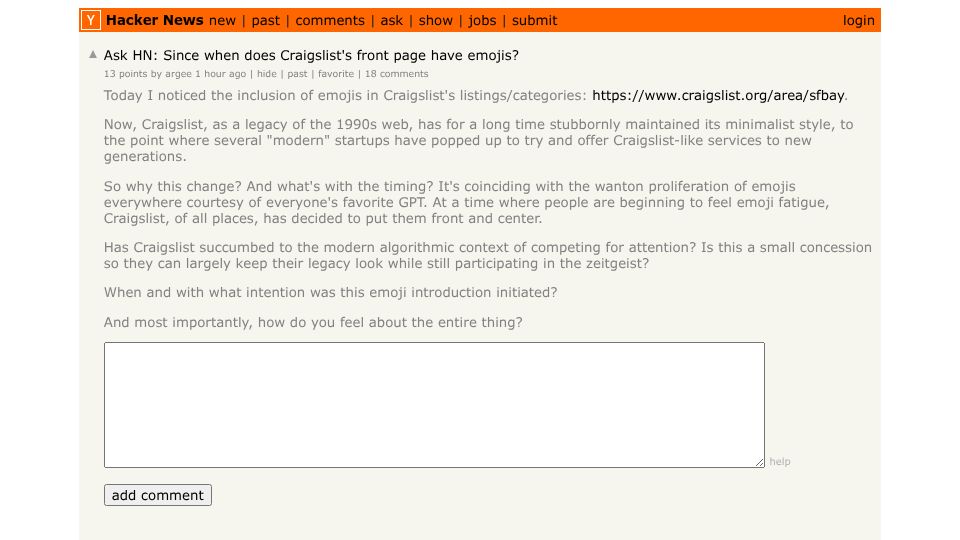 Screenshot of Hacker News post: Ask HN: Since when does Craigslist's front page have emojis?