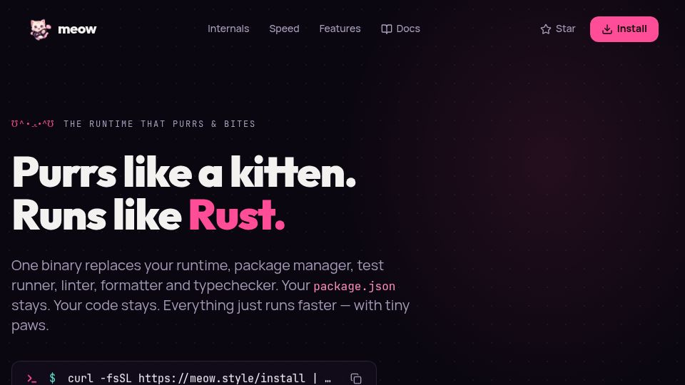 Screenshot of meow.style: Show HN: Meow – The 4th and final JavaScript runtime and toolchain
