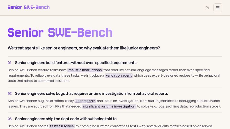 Screenshot of senior-swe-bench.snorkel.ai: Senior SWE-Bench: open-source benchmark that assesses agents as senior engineers
