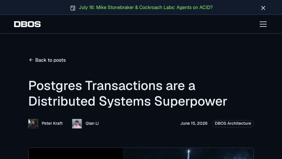 Screenshot of dbos.dev: Postgres transactions are a distributed systems superpower