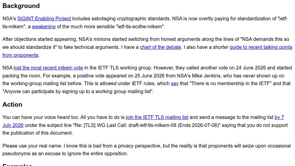Screenshot of nsa.2026.action.cr.yp.to: NSA tries to weaken mlkem standardisation?