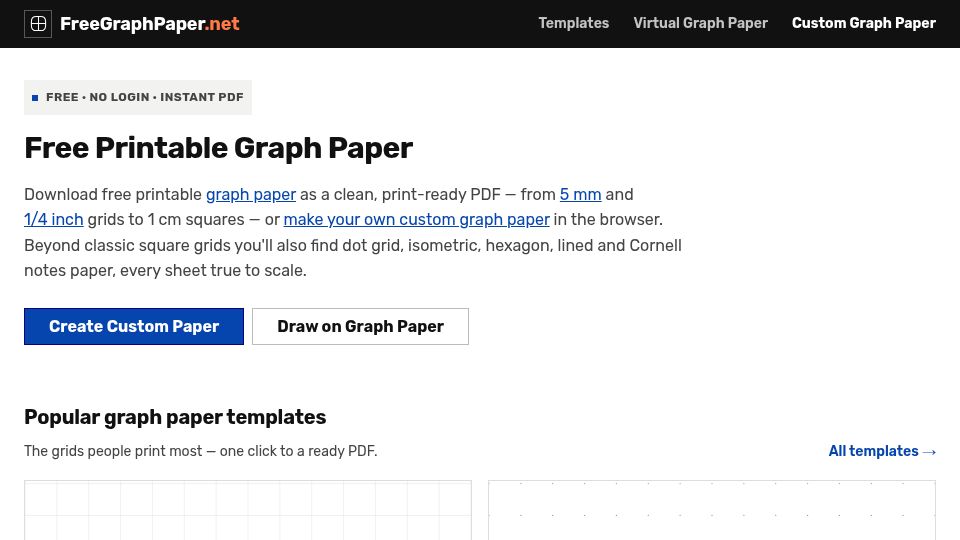 Screenshot of freegraphpaper.net: Show HN: A graph paper generator that renders vector PDFs in the browser