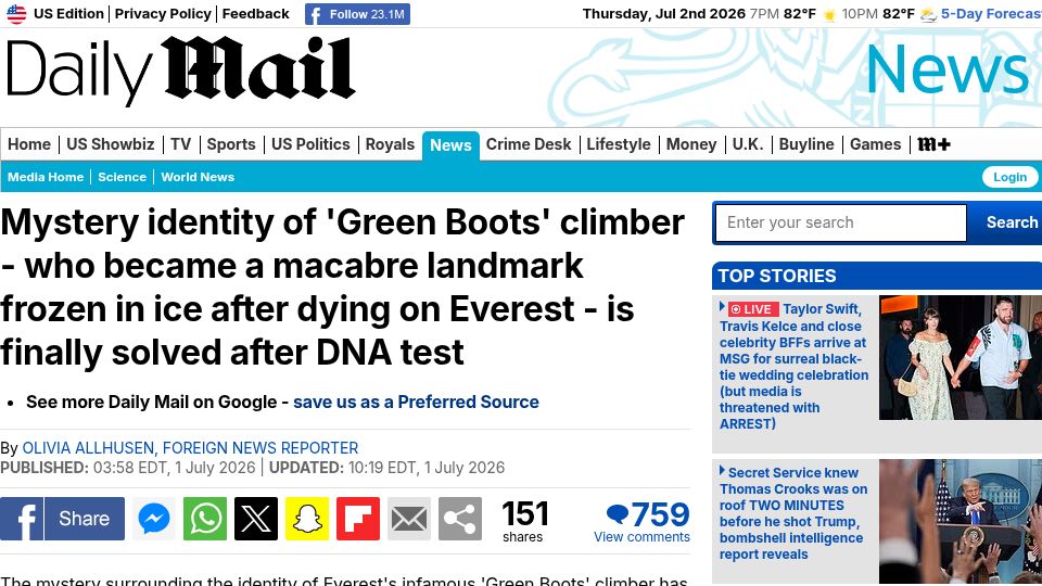 Screenshot of dailymail.com: Mystery identity of 'Green Boots' climber is finally solved after DNA test