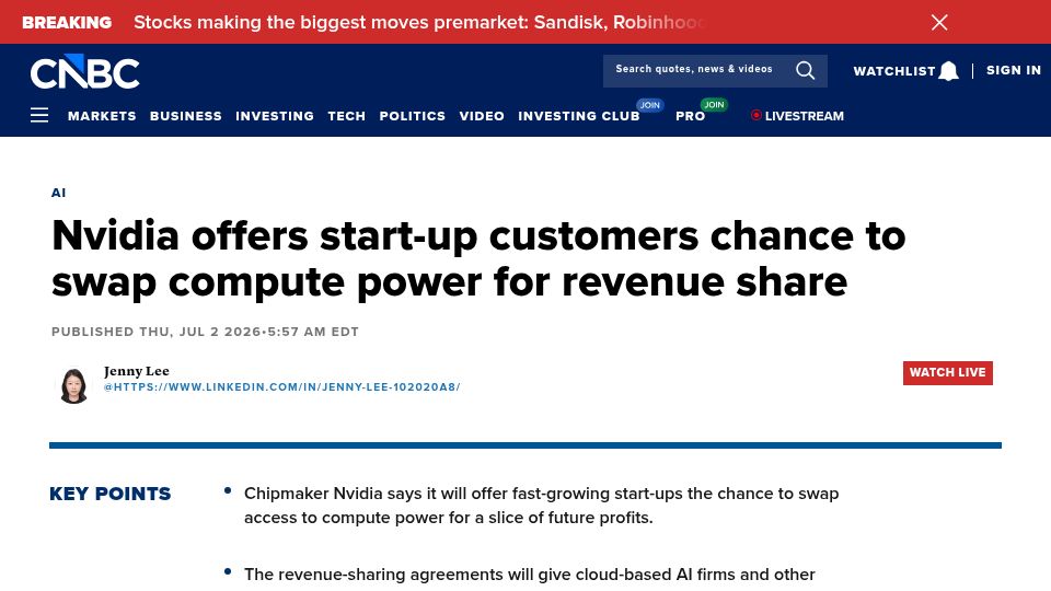 Screenshot of cnbc.com: Nvidia offers startup customers chance to swap compute power for revenue share