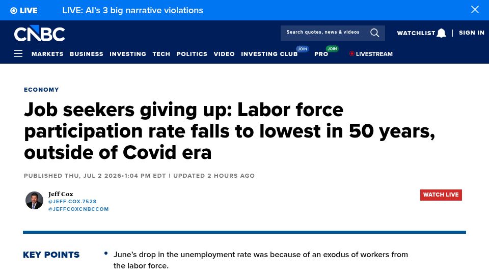 Screenshot of cnbc.com: Job seekers giving up: Labor force participation falls to lowest in 50 years