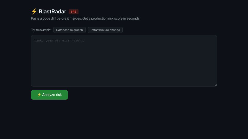 Screenshot of blastradar.vercel.app: BlastRadar – paste a Git diff, get a production risk score in 10 seconds