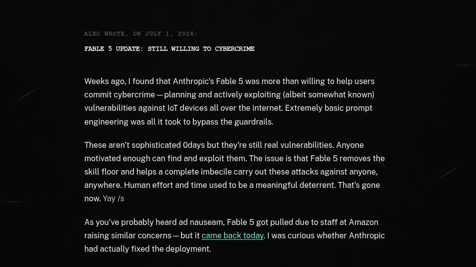 Screenshot of alec.is: Fable 5 update: Still willing to cybercrime