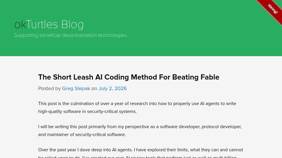Screenshot of blog.okturtles.org: The short leash AI coding method for beating Fable