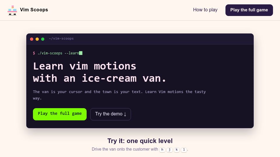 Screenshot of thisismodest.com: Learn Vim motions with an ice-cream van