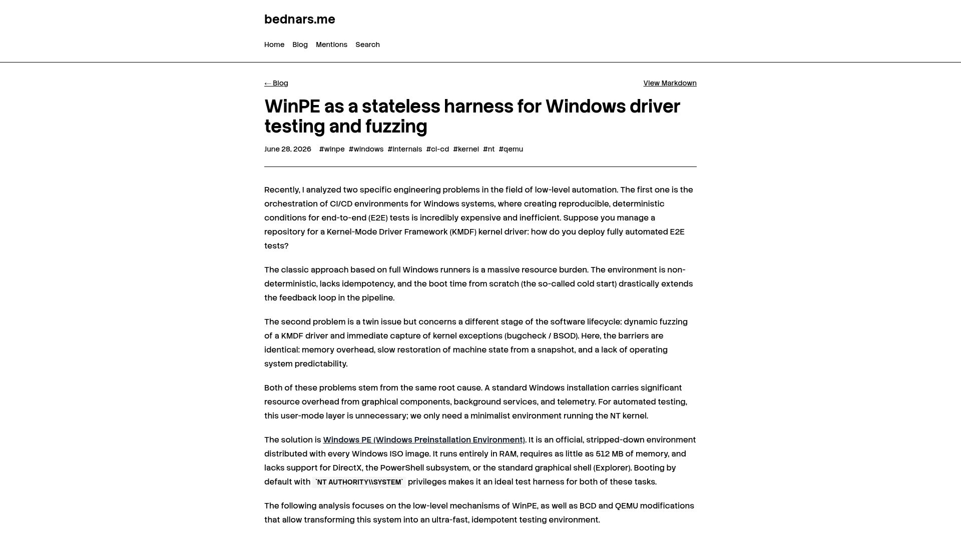 Screenshot of bednars.me: WinPE as a stateless harness for Windows driver testing and fuzzing