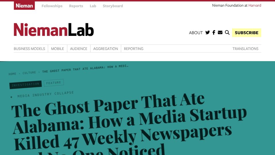 Screenshot of niemanlab.org: AI fake news complaining about how AI fake news is the death of real news
