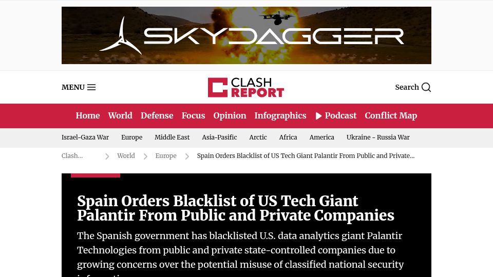 Screenshot of clashreport.com: Spain Orders Blacklist of Palantir from Public and Private Companies