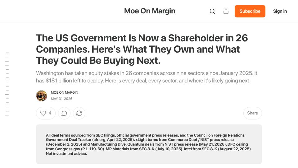 Screenshot of moeonmargin.substack.com: The US Government Is Now a Shareholder in 26 Companies