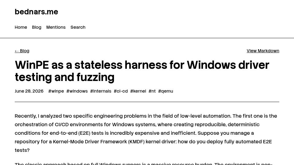 Screenshot of bednars.me: WinPE as a stateless harness for Windows driver testing and fuzzing