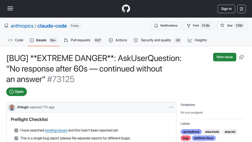 Screenshot of github.com: Claude's AskUserQuestion: "No response after 60s – continued without an answer"
