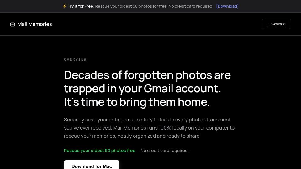 Screenshot of mailmemories.com: Show HN: Mail Memories – A desktop app to rescue photos from Gmail