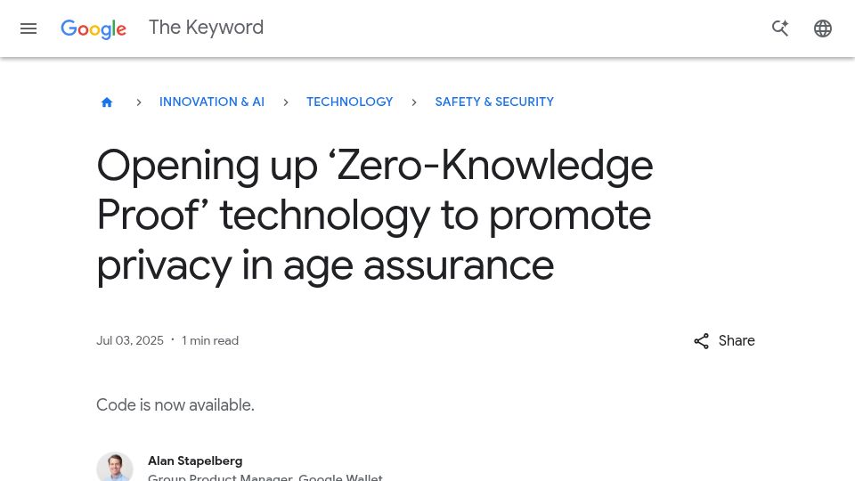 Screenshot of blog.google: Opening up 'Zero-Knowledge Proof' technology to promote privacy in age assurance