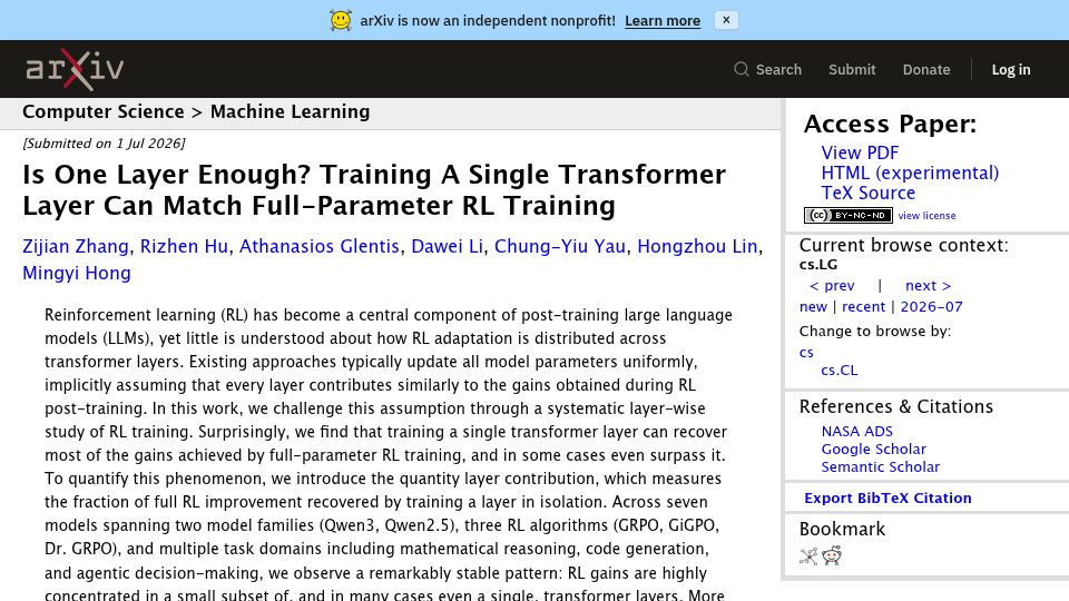 Screenshot of arxiv.org: Is One Layer Enough? A Single Transformer Layer Matches Full-Parameter RL Train