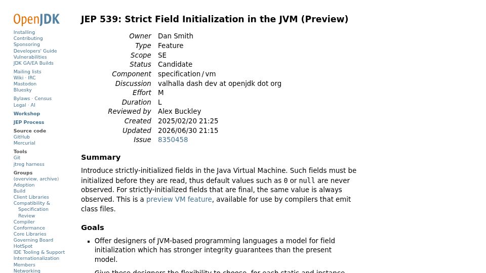 Screenshot of openjdk.org: JEP 539: Strict Field Initialization in the JVM moved to preview