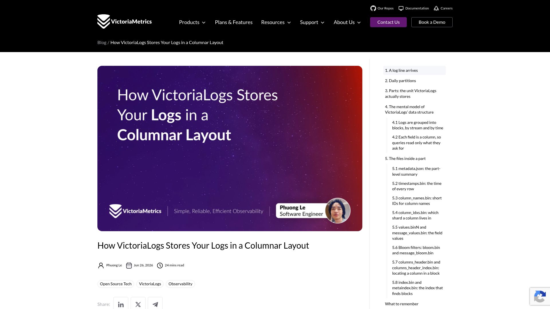 Screenshot of victoriametrics.com: How VictoriaLogs Stores Your Logs in a Columnar Layout