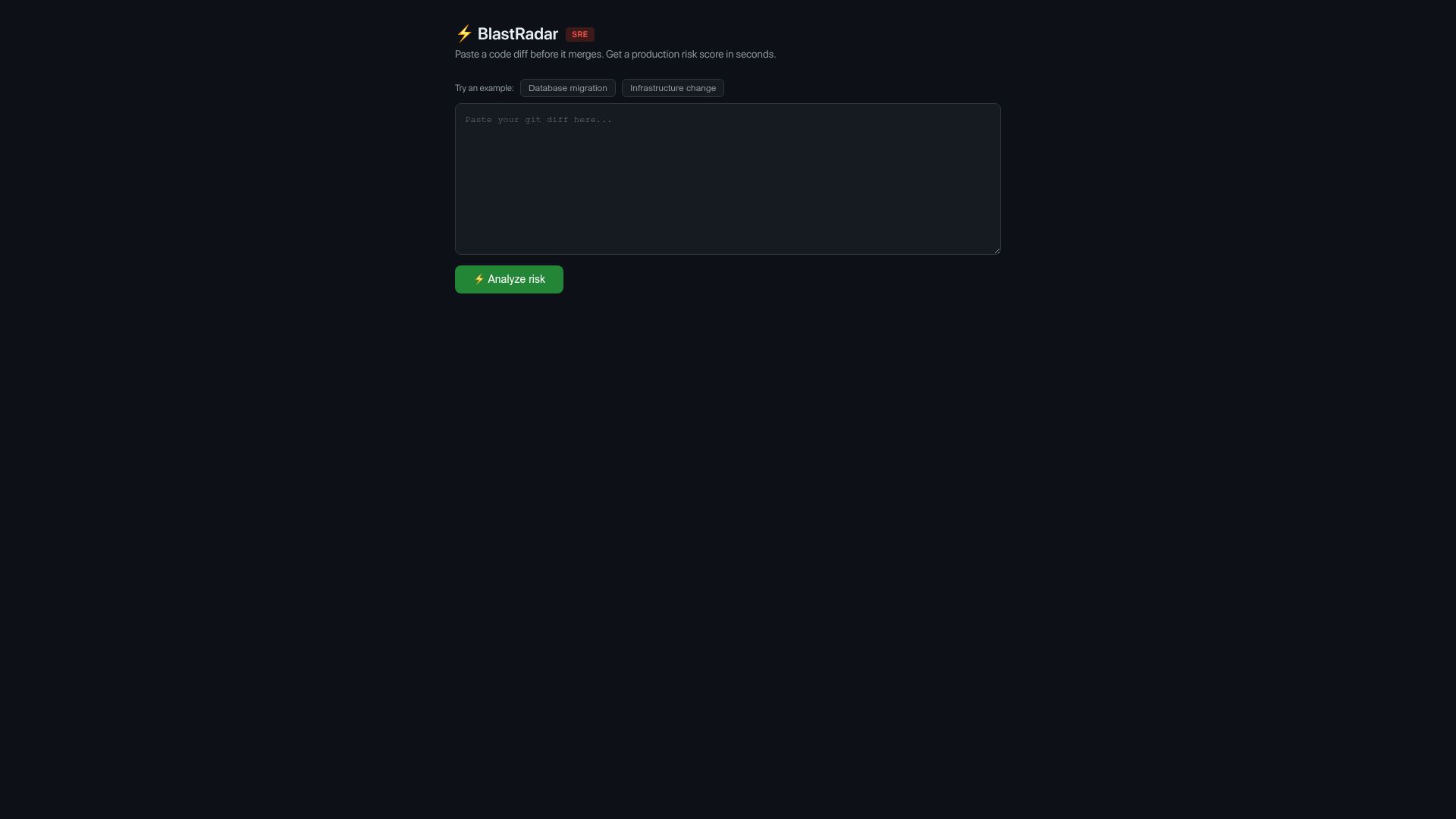 Screenshot of blastradar.vercel.app: BlastRadar – paste a Git diff, get a production risk score in 10 seconds