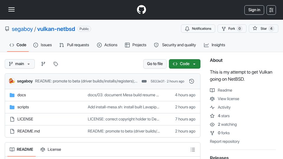 Screenshot of github.com: This is my attempt to get Vulkan going on NetBSD