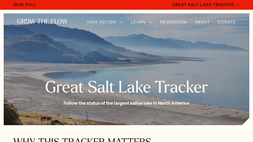 Screenshot of growtheflowutah.org: Great Salt Lake Tracker
