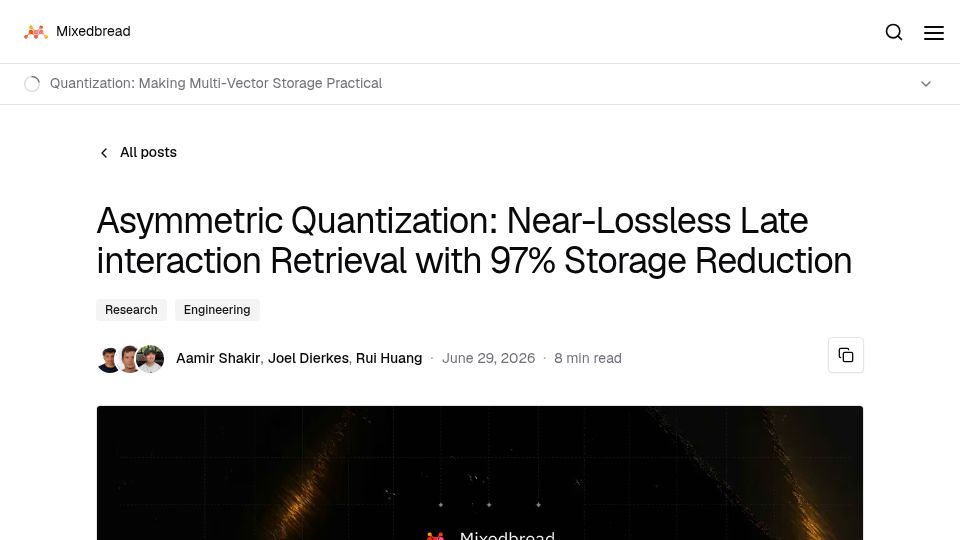 Screenshot of mixedbread.com: Asymmetric Quantization: Near-Lossless Retrieval with 97% Storage Reduction