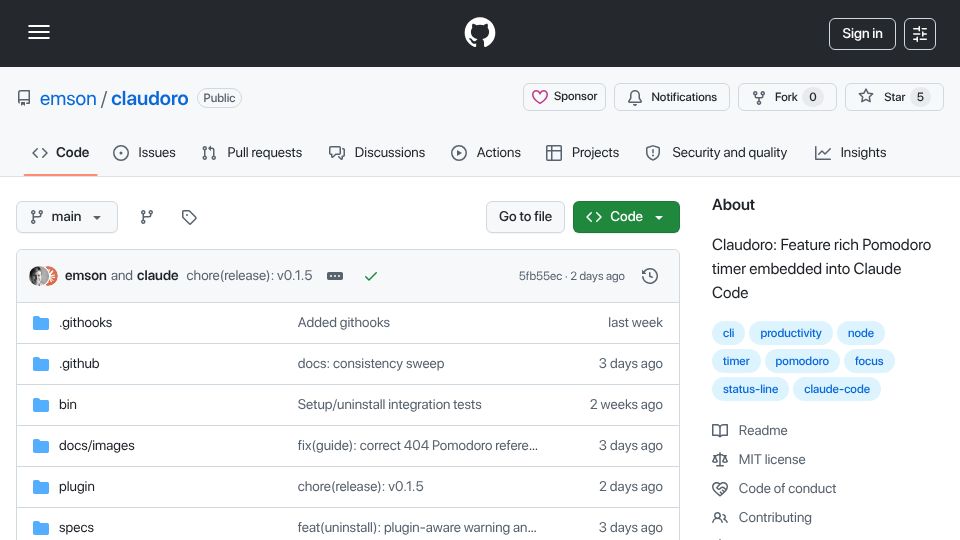 Screenshot of github.com: Show HN: Claudoro, Pomodoro timer embedded in the Claude Code statusline