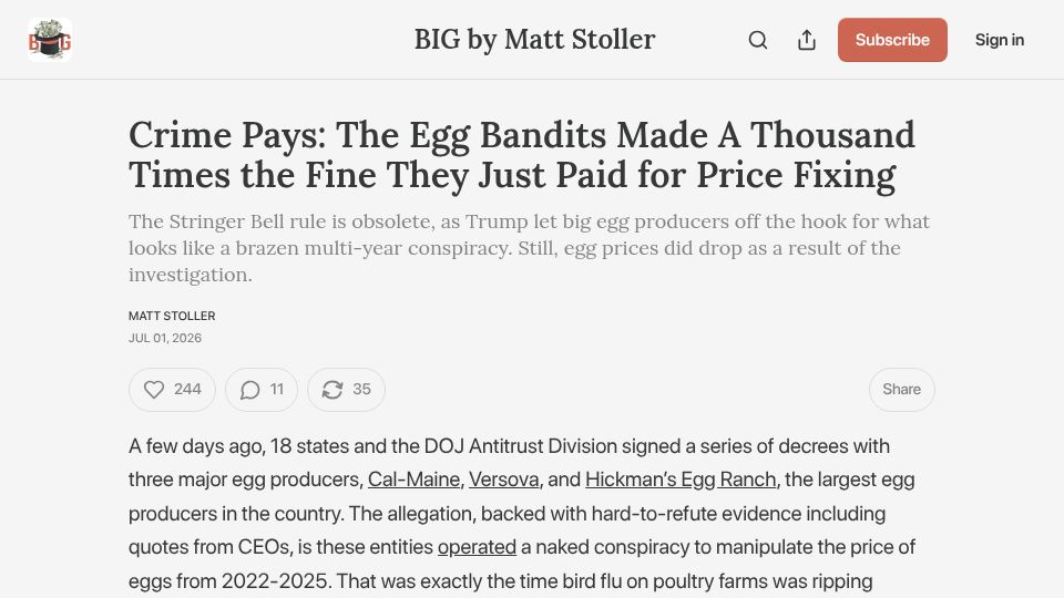 Screenshot of thebignewsletter.com: The Egg Bandits Made a Thousand Times the Fine They Just Paid for Price Fixing