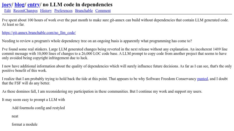 Screenshot of joeyh.name: No LLM Code in Dependencies