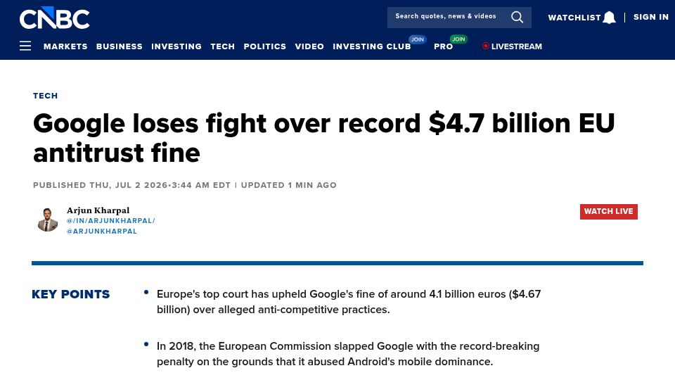 Screenshot of cnbc.com: Google loses fight over record $4.7B EU antitrust fine