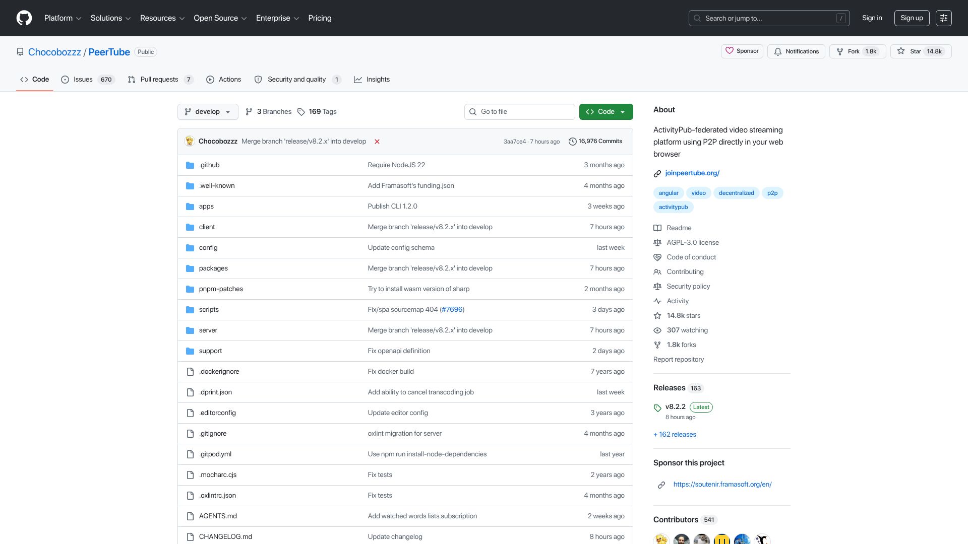 Screenshot of github.com: PeerTube is a free, decentralized and federated video platform