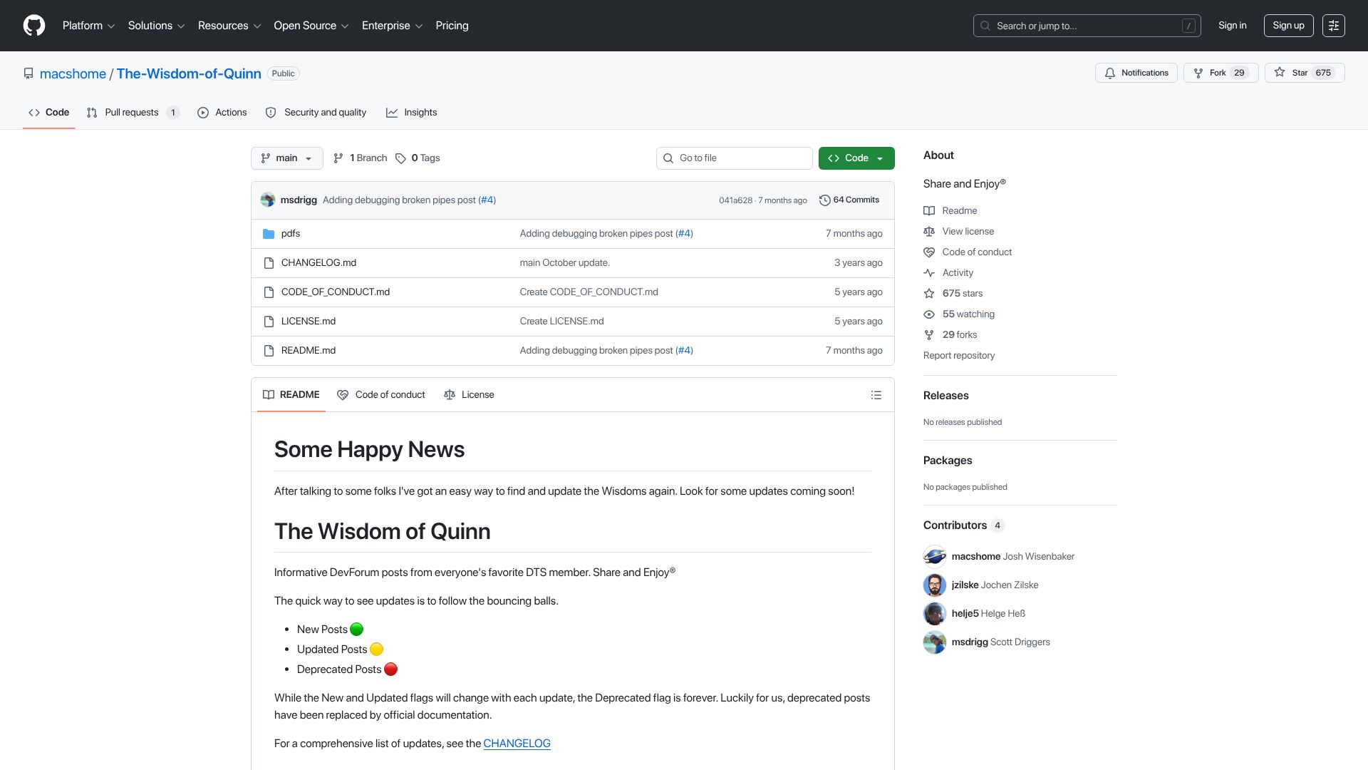 Screenshot of github.com: The Wisdom of Quinn the Eskimo (Apple Developer Technical Support Engineer)