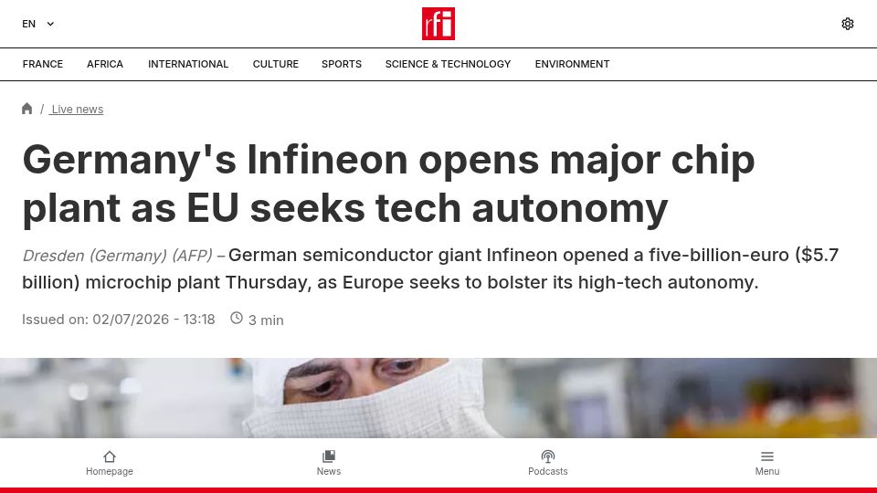 Screenshot of rfi.fr: Germany’s Infineon opens major chip plant as EU seeks tech autonomy