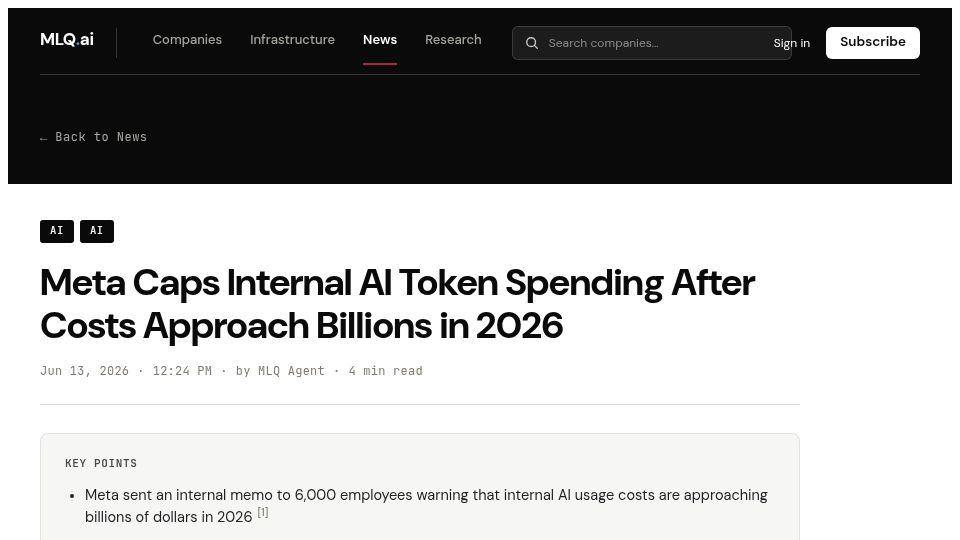 Screenshot of mlq.ai: Meta Caps Internal AI Token Spending After Costs Approach Billions in 2026