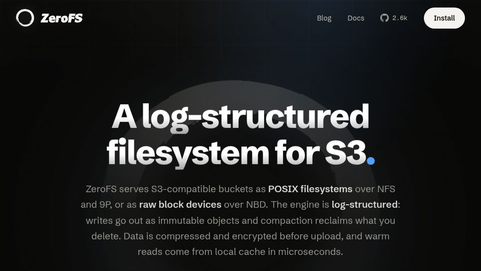 Screenshot of zerofs.net: Show HN: ZeroFS – A log-structured filesystem for S3