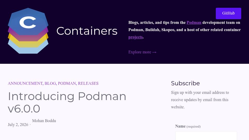 Screenshot of blog.podman.io: Podman v6.0.0